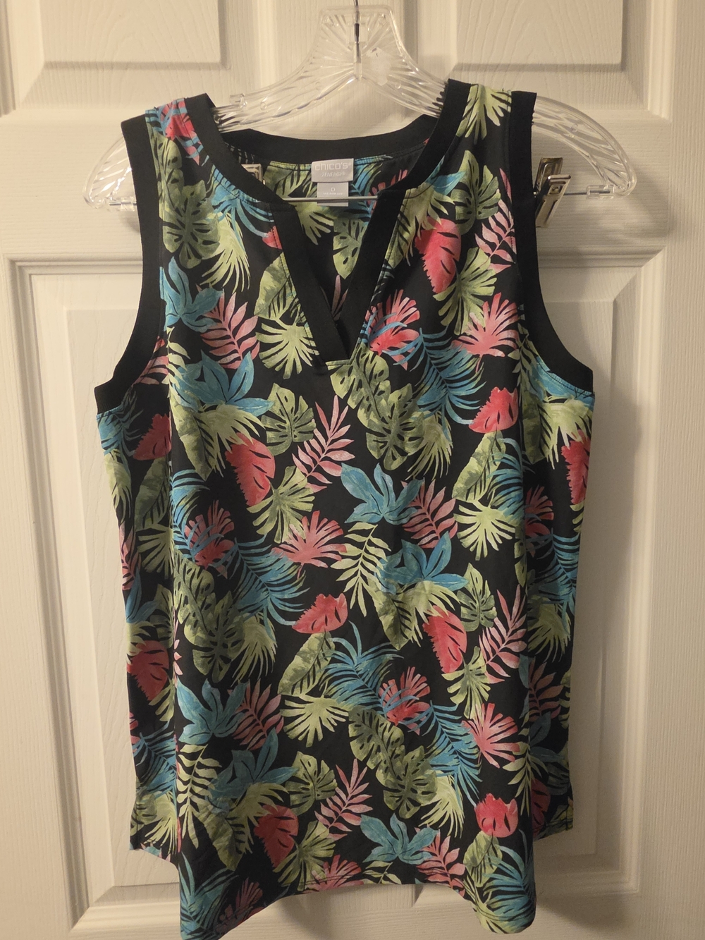 Chico's Black Tropical Leaf V-Neck Sleeveless Tank - Pink, Green, Blue